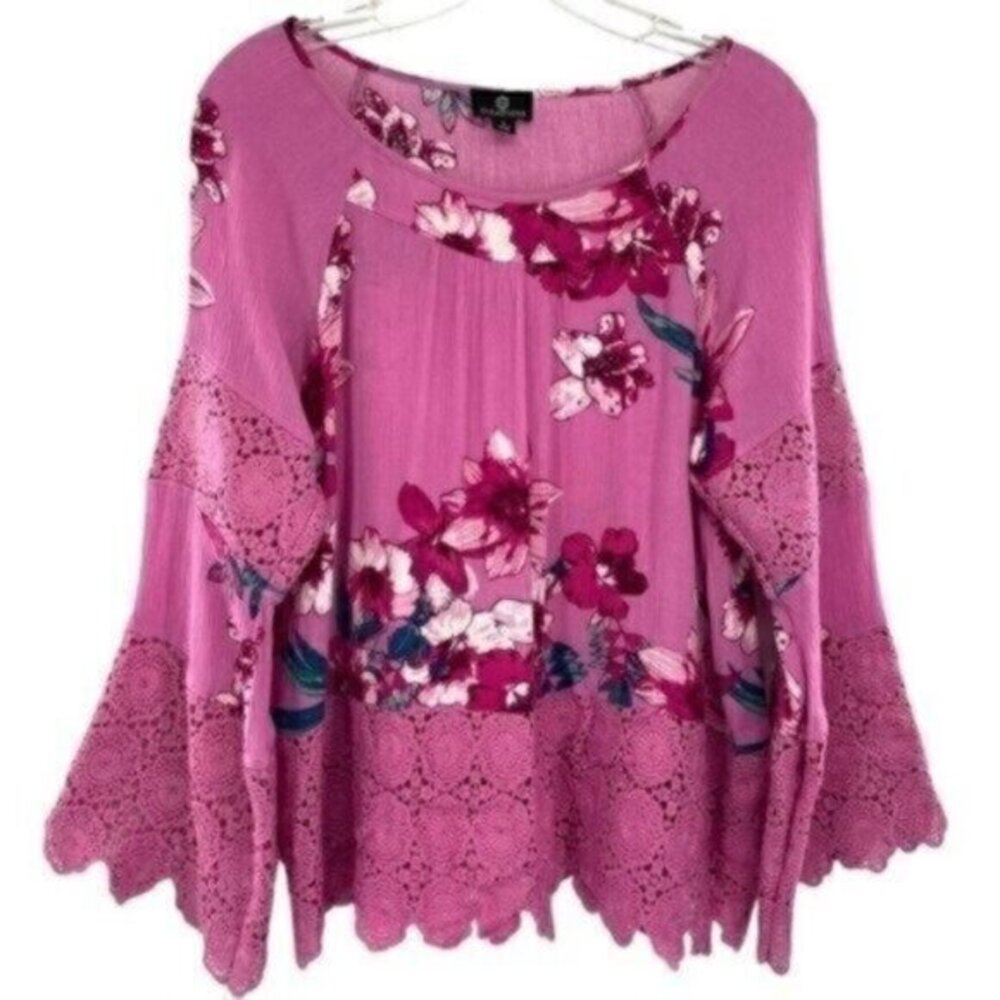 Curations Pink Floral Crochet Bell Sleeve Blouse
